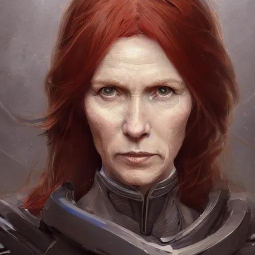 Image similar to Portrait of a woman by Greg Rutkowski, she is about 50 years old, redhead, long straight hair, beautiful oval face, wearing a futuristic tactical gear, older sister vibes, sad and resigned expression, highly detailed portrait, digital painting, artstation, concept art, smooth, sharp foccus ilustration, Artstation HQ.