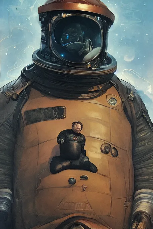 Image similar to portrait of baron harkonnen wearing leather spacesuit, detailed, sunshine, nebula space background, illustration by normal rockwell, artstation character art, john william waterhouse, concept art, greg rutkowski