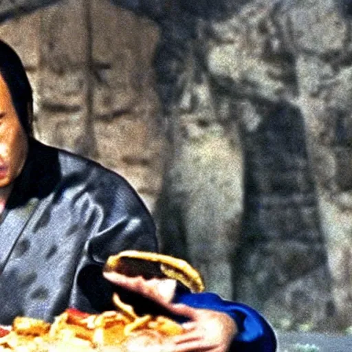 Image similar to scene from Kagemusha, 1980, movie still, cinematic, a samurai eating a delicious hot dog, epic,