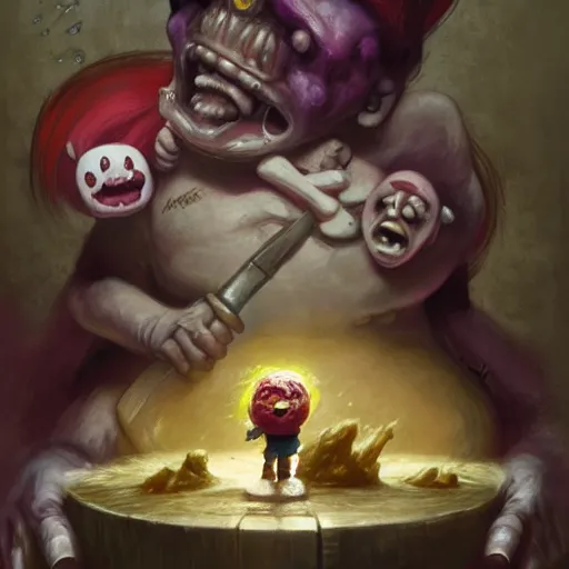 Prompt: kirby binding of isaac, holding meatloaf, hyper realistic, sloppy, gross, meatloaf, hyper realistic, terrifying, disturbing, strange, bizarre, masterpiece, 4 k, vivid colors, elegant, john park, frazetta, john howe, ruan jia, jeffrey catherine jones