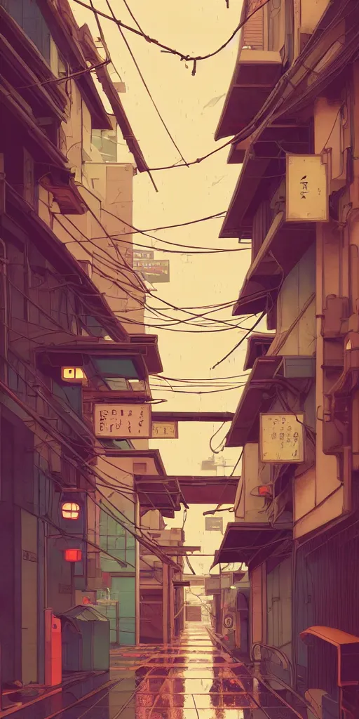 Prompt: tokyo alleyway, rainy day, arcade, by cory loftis, makoto shinkai, hasui kawase, james gilleard, beautiful, serene, peaceful, lonely, golden curve composition