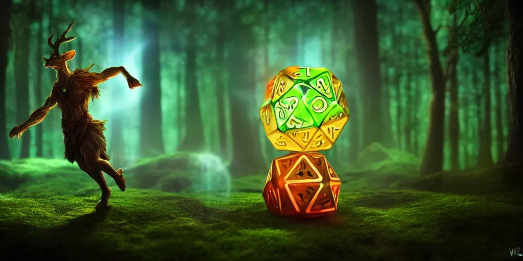 Image similar to a curious, mythical forest spirit rolling a six - sided dice, d 6 dice, glowing energy, fantasy magic, by willian murai and jason chan, fantasy, dramatic lighting, golden ratio, sharp focus