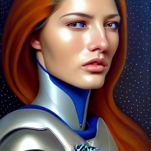 Prompt: portrait of very beautiful woman with a large obvious scar across her cheek and lips, very very beautiful, wearing futurist spacesuit space armor, Alexandria's genesis, chin-length hair, bored, illustration, soft lighting, soft details, hyper realism, high detailed, painting oil on canvas by mark arian by artgerm, trending on artstation, 4k, 8k, HD