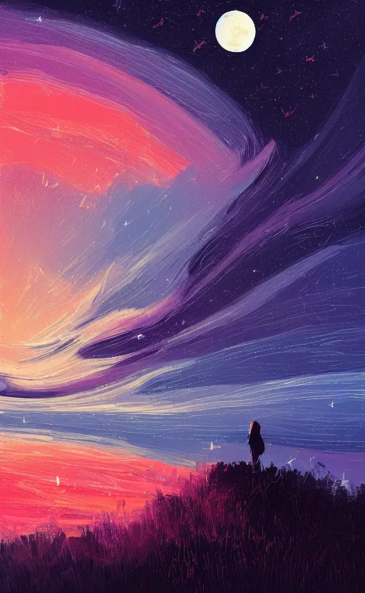 Image similar to a beautiful illustration of jupiter at night, art of alena aenami, featured on artstation, vertical orientation, paint brush strokes, expressionism, brushstroke - laden, breathtaking clouds, birds, ocean, beautiful stars, long exposure, big moon radius, airy midnight theme, blue purple gradient, lens flare