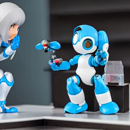 Prompt: photo of figma figures inside a diorama of a laboratory : : a cute female robot in the style of mega man with long hair is repairing computers. she is being helped by a companion robot.