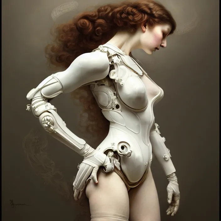 Image similar to porcelain cyborg, french empire style porcelain exoskeleton, diffuse lighting, fantasy, intricate, elegant, highly detailed, lifelike, photorealistic, digital painting, artstation, illustration, concept art, smooth, sharp focus, art by John Collier and Albert Aublet and Krenz Cushart and Artem Demura and Alphonse Mucha