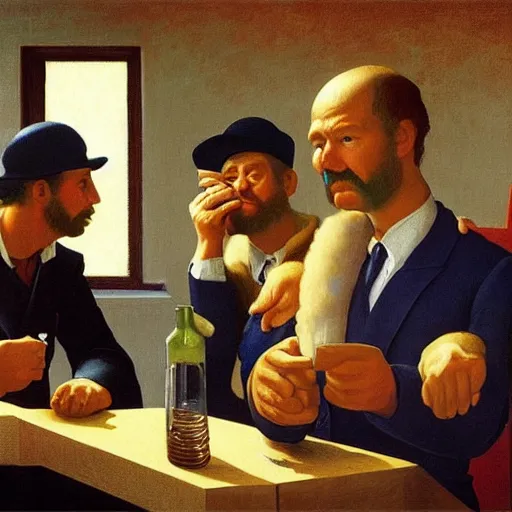 Prompt: a foreman calls his crew for lunch by Raphael, Hopper, and Rene Magritte. detailed, romantic, enchanting, trending on artstation.