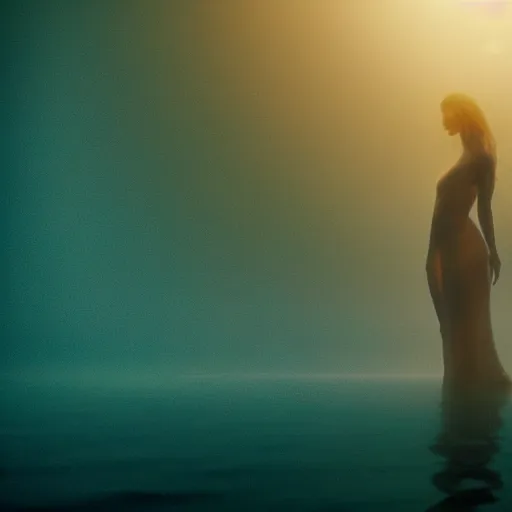 Image similar to film still of ominous ethereal female figure waiting in the depths of a dark ocean on a moonlit night, cinematography by Vadim Yusov