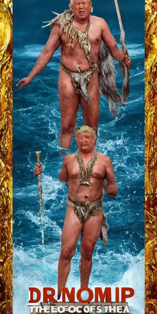 Image similar to donald trump as poseidon, king of the ocean, movie poster