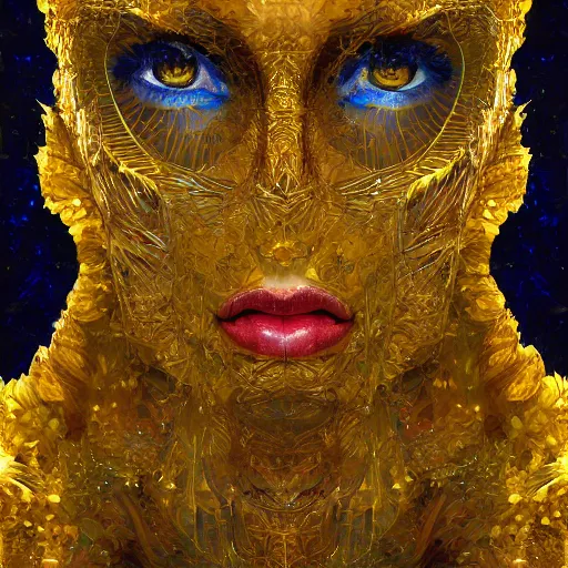 Prompt: overlord, golden flowers made of glittering lame, iridescent and translucent, portrait, highly detailed, deep focus, elegant, digital painting, smooth, sharp focus, illustration, ultra realistic, 8 k, art by picasso