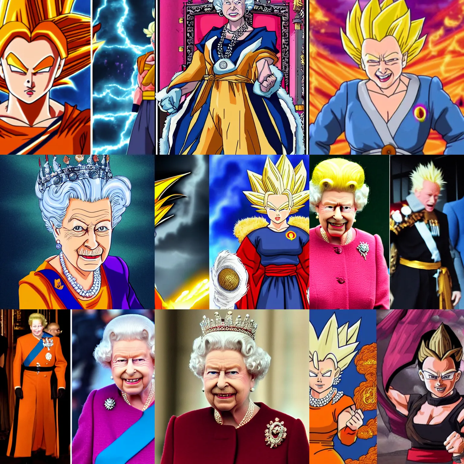 Image similar to Queen Elizabeth as a super saiyan