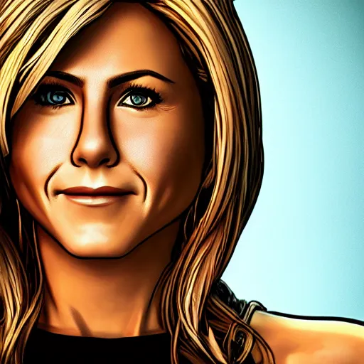 Image similar to jennifer aniston portrait, borderlands, tales from the borderlands, the wolf among us, comic, cinematic lighting, studio quality, 8 k