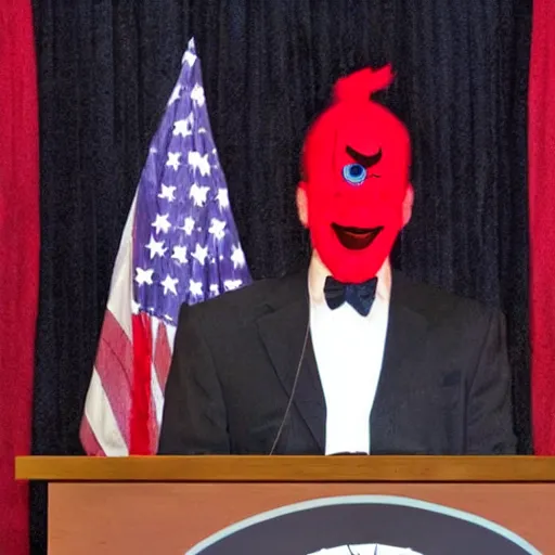 Image similar to string puppet of a president with clown makeup in a podium and a human shadow behind