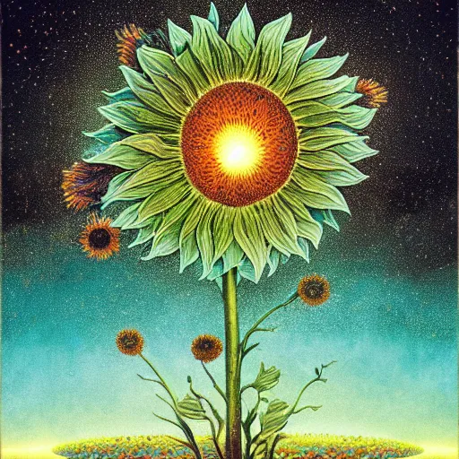 Image similar to detailed, intricate teal and iridescent, bioluminescent sunflowers in the field, nebula, galaxy in the sky, winning award masterpiece, fantastically beautiful, illustration, aestheticly inspired, jacek yerka, upscale with anguissola sofonisba work, artstation, 8 k