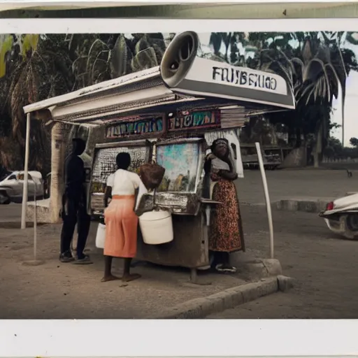 Image similar to old polaroids of futuristic african bus stops with informal sellers and digital screens, women selling fruit