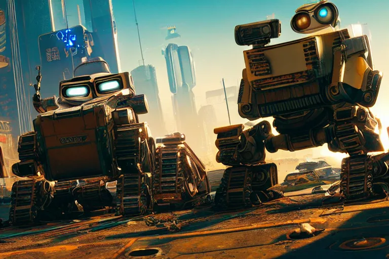 Image similar to wall - e in cyberpunk 2 0 7 7, heavy detailed, ultra high definition quality, super mario 6 4 game engine graphics