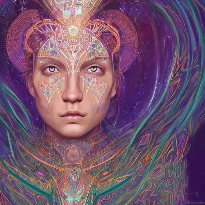 Image similar to portrait of a future metaverse ayahuasca tech shaman warrior, 2 d cartoon, visionary art, symmetric, magick symbols, holy halo, shipibo patterns, sci - fi, concept art, trending on art station, 8 k digital art, by mandy jurgens, fantasy portrait art, anime