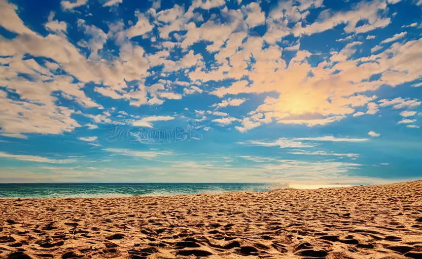 Prompt: sunny day at the beach blue sky big bomb explosion on the horizon photorealistic