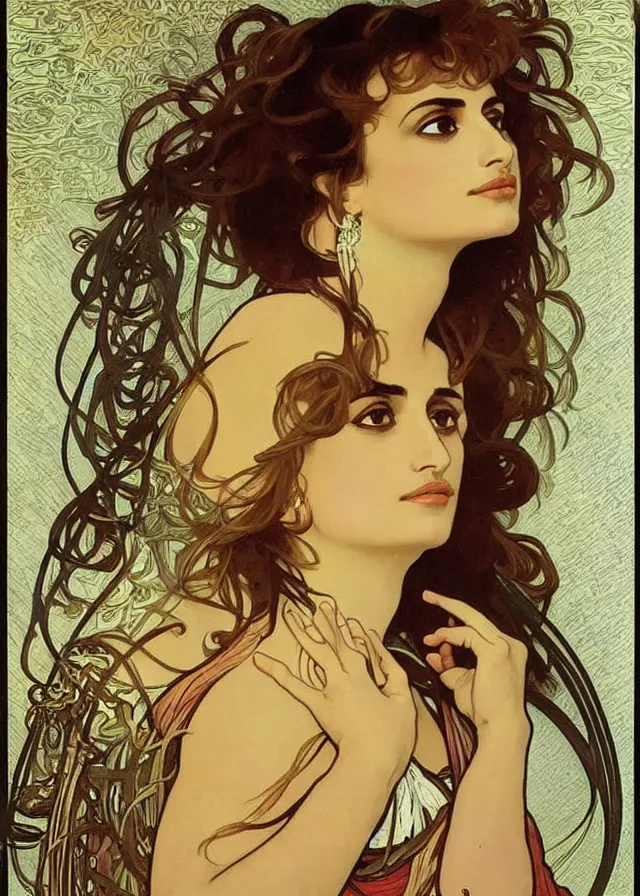 Image similar to portrait of penelope cruz, artwork by alphonse mucha