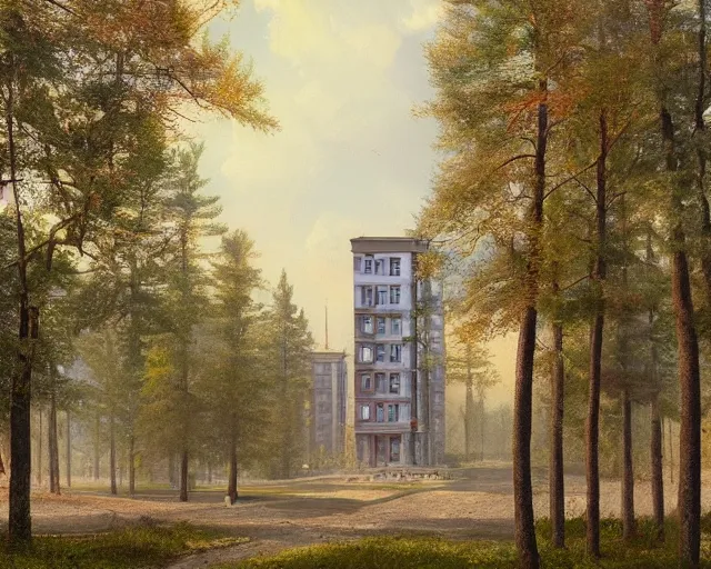 Image similar to beautiful matte painting of cute soviet block of flats hrushevka in end of forest by ivan shishkin, artstation, cinestill