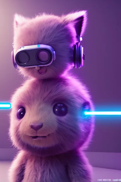 Image similar to high quality 3 d render neo - cyberpunk very cute half fluffy! wombat!! half cyborg with big headphones, pastel mechanical! paw, cyberpunk monocle!, highly detailed, unreal engine cinematic smooth, in the style of detective pikachu, hannah yata charlie immer, neon purple light, low angle, uhd 8 k, sharp focus