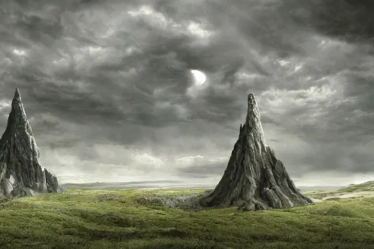 Image similar to movie still from the lord of the rings directed by ridley scott, landscape, the shire in the style of h. r. giger, grey sky overhead, metallic hobbit holes