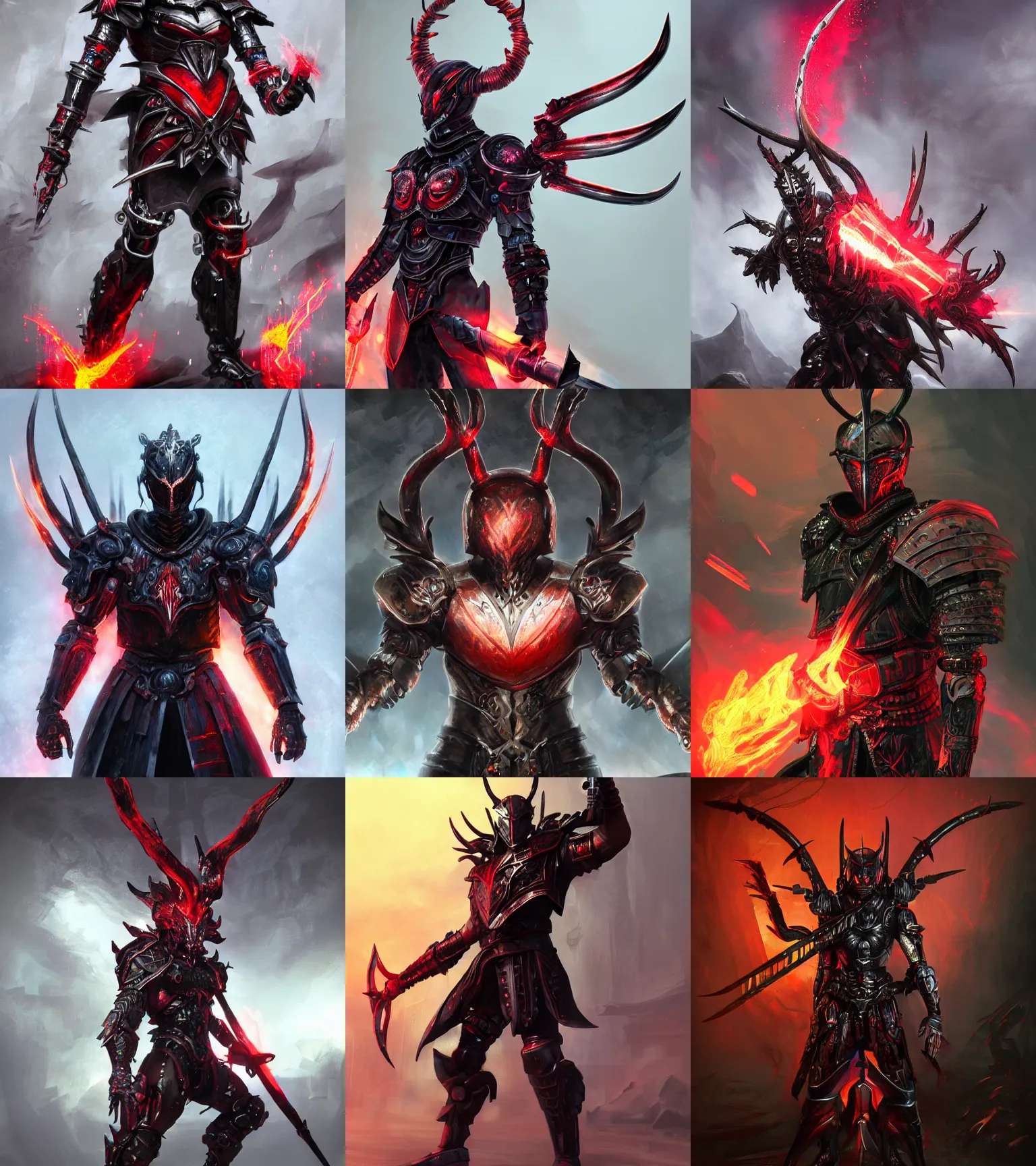 Prompt: legendary warrior with a body of red thick iridescent metal scales, dark and ominous, cybernetic, powerful, battle stance, 3 d character concept artwork, obsidian gothic sword antlers helmet, realistic, gothic, evil, gritty, matte, fire, detailed, rich iridescent specular colors, makoto shinkai, greg rutkowski, colorful, cgi, hd