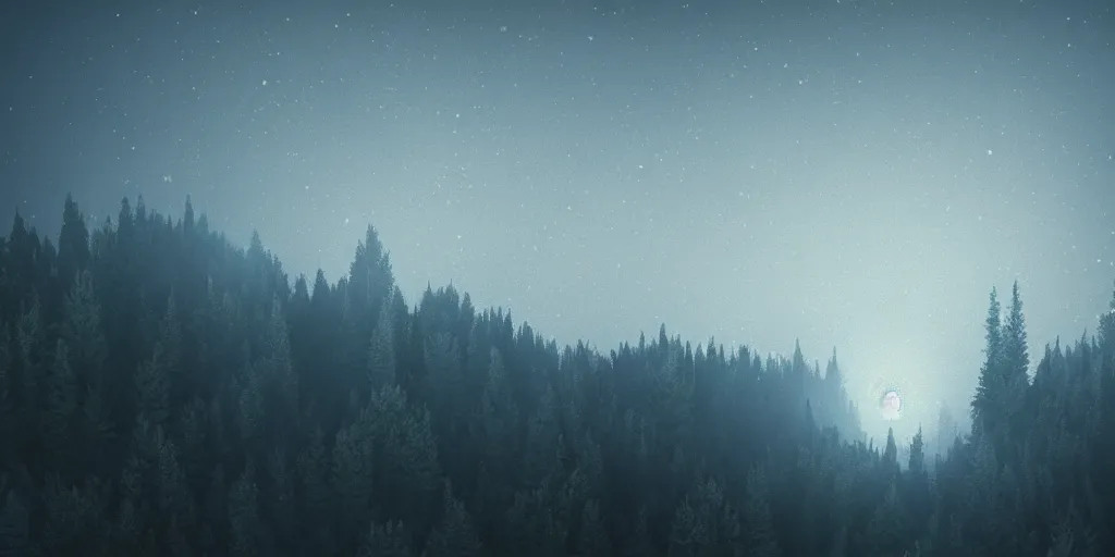 Image similar to moonlit night, forested mountains, cold light, dense forest, overhead view, fog, 2 d disney cartoon style