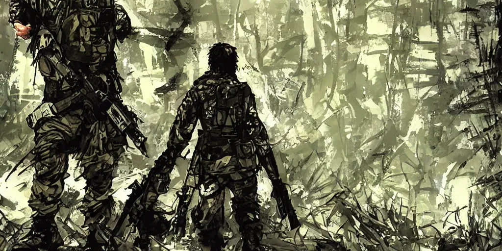 Prompt: A soldier in the woods, artwork by Yoji Shinkawa style