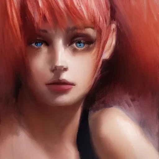 Image similar to portrait of a young woman with short pink spiky hair, and dark eyes 8 k, digital paint