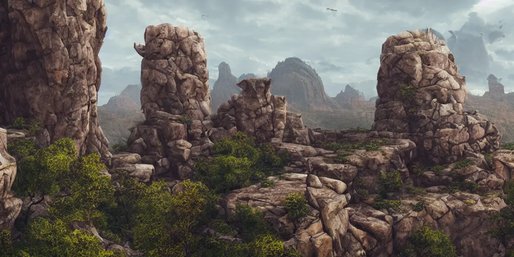 Prompt: Rocky arch connect two sides from left to right over the canyon, in the distance ancient castle with destroyed tower, highly detailed, matte painting, wide lens, overcast sky, ultra realistic, 4k, 8k resolution, trending on artstation, octane render, unreal engine.