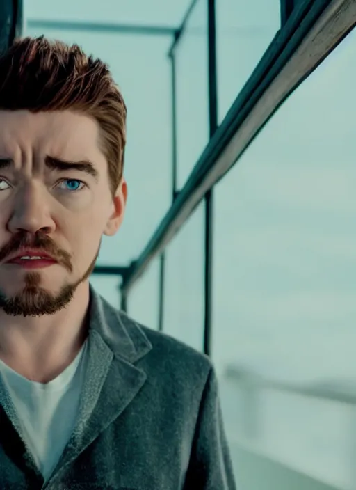 movie still of jacksepticeye standing near a balcony, | Stable