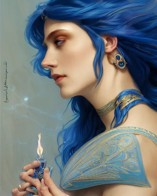 Prompt: Side Profile Portrait of a blue haired Goddess, holding a spark of all creation in her hands, intricate, elegant, overdetailed, professional digital painting, artstation, concept art, smooth, sharp focus, 8K, art by artgerm and greg rutkowski and alphonse mucha and loish and WLOP