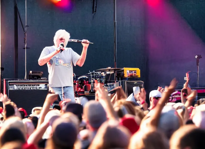 Image similar to photo still of michael mcdonald on stage at vans warped tour!!!!!!!! at age 3 8 years old 3 8 years of age!!!!!!! throwing a keytar into the crowd, 8 k, 8 5 mm f 1. 8, studio lighting, rim light, right side key light