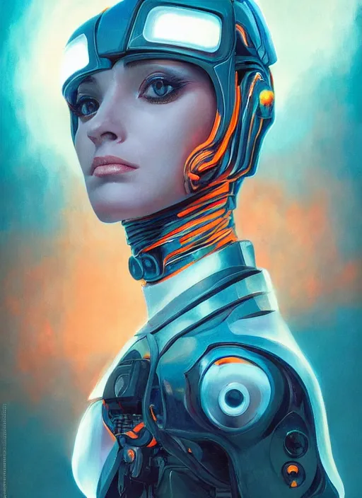 Image similar to symmetry!! dynamic pose, closeup portrait of a cyborg racer girl, high fashion cyborg jumpsuit, shoulder pads, cinematic light, backlight, teal orange, by gerald brom, clouds by mikhail vrubel, by peter elson, muted colors, extreme detail, trending on artstation, 8 k