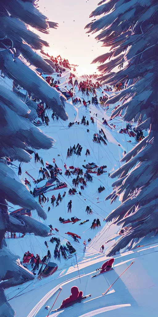 Image similar to by moebius and atey ghailan | the bottom of a ski slope with a huge pile of tangled up skiers |