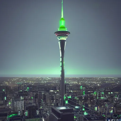 Image similar to auckland sky tower, green lighting, evil, artstation, octane render