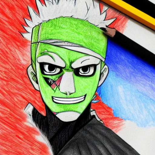 Prompt: colourful pencil sketch of zoro from one piece using mops, beautiful, masterpiece, digital art, detailed, trending on artstation