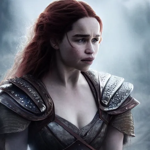 Image similar to emilia clarke, as a medieval fantasy character, with dark reddish hair, wearing light, silver armor and red clothing, tan complexion, holding a longsword, determined expression, noble, cinematic, dark, realistic, digital art, 8 k