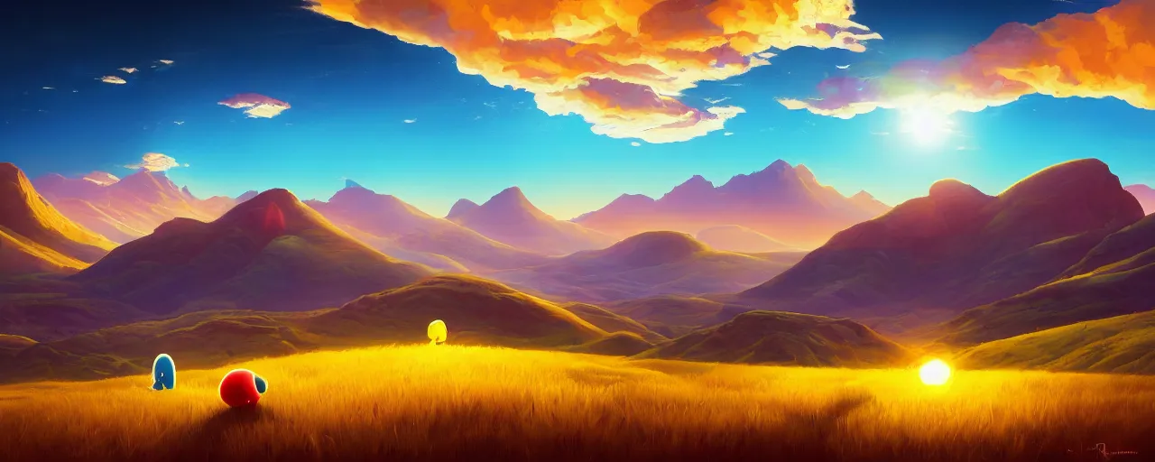 Image similar to detailed round pacman, with ghosts, in a beautiful nature landscape with clouds, mountains, in background, sunset, by rhads, pacman