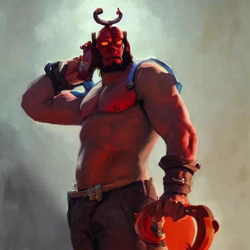 Image similar to greg manchess portrait painting of the hellboy as overwatch character, medium shot, asymmetrical, profile picture, organic painting, sunny day, matte painting, bold shapes, hard edges, street art, trending on artstation, by huang guangjian and gil elvgren and sachin teng