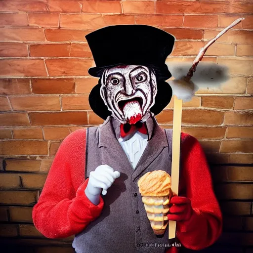 Image similar to freddy kruger face on an ice cream with a stick from ice cream truck, realistic photography, high detailed