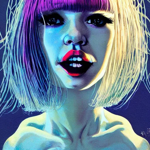 Image similar to portrait of crazy beautiful singer sia kate isobelle furler, ymmetrical, by yoichi hatakenaka, masamune shirow, josan gonzales and dan mumford, ayami kojima, takato yamamoto, barclay shaw, karol bak, yukito kishiro