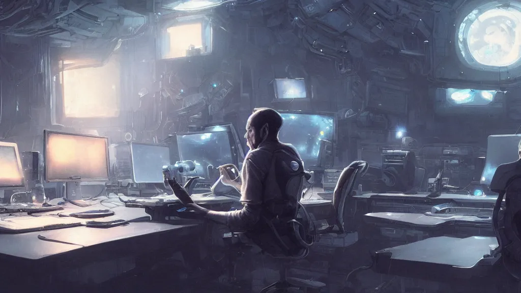 Prompt: hacker at a computer in a scifi movie, by nuri iyem, james gurney, james jean, greg rutkowski, anato finnstark. pixar. hyper detailed, 5 0 mm, perfect faces