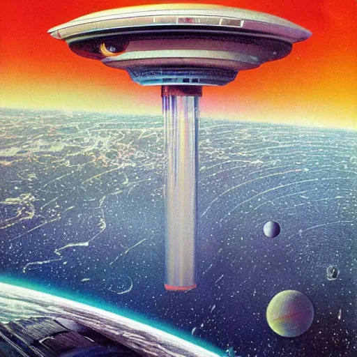 Image similar to megastructure floating in space, highly detailed 1 9 7 0 s scifi art