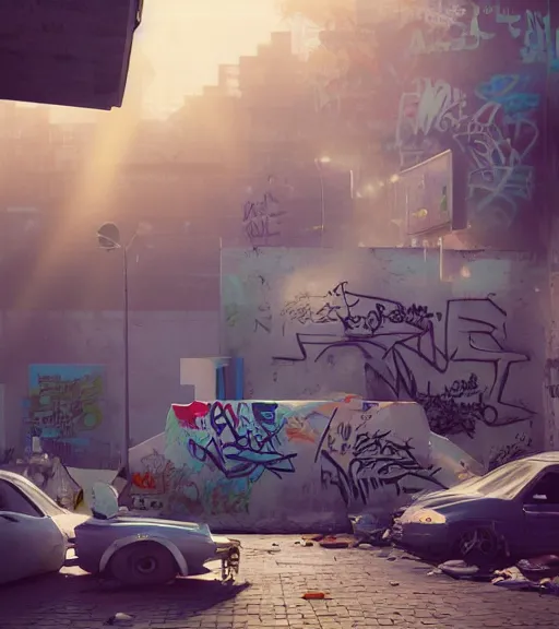 Prompt: a cupule of graffiti, trending on artstation, behance, octane render, award winning, archviz, matte painting, sunrays, ethereal, masterpiece, epic