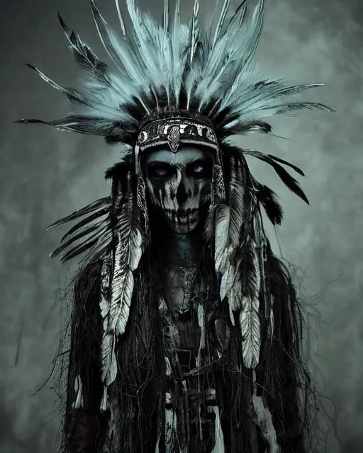 Image similar to the ghost - spirit of the grim - warpaint wears the scarlet skull armor and native blood headdress feathers, midnight fog - mist!, dark oil painting colors, realism, cinematic lighting, various refining methods, micro macro autofocus, ultra definition, award winning photo, photograph by ghostwave - gammell - giger - shadowlord