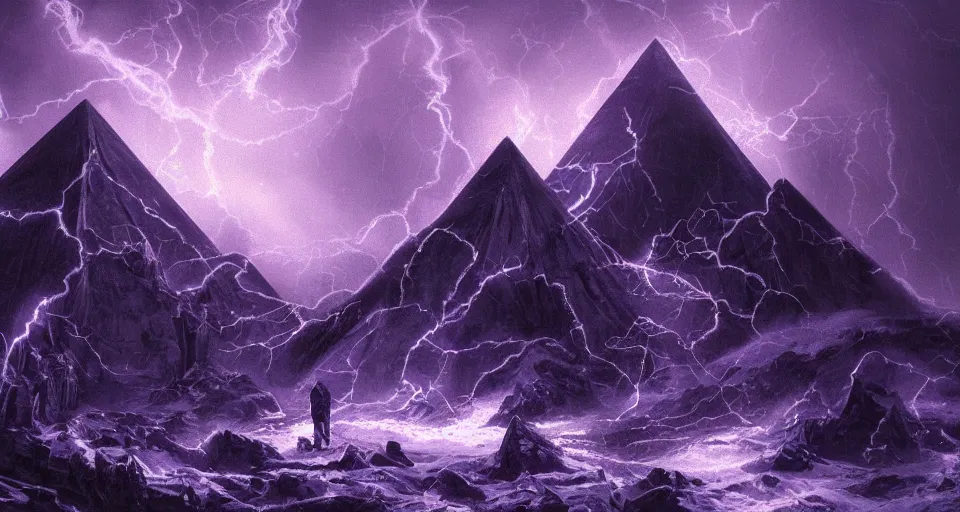 Prompt: black lovecraftian eldritch!! obsidian pyramid!! purple light beams on a snowy mountain, being found by explorers, snowy, windy, by eugene von guerard, ivan shishkin, night, red lightning!!, storm!, dramatic lighting, concept art, trending on artstation, 8 k