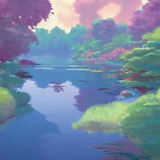 Image similar to a beautiful lake, fantasy art, 2 d, sunshine, warm colors, relaxing, calm, cozy, peaceful, by studio ghibli