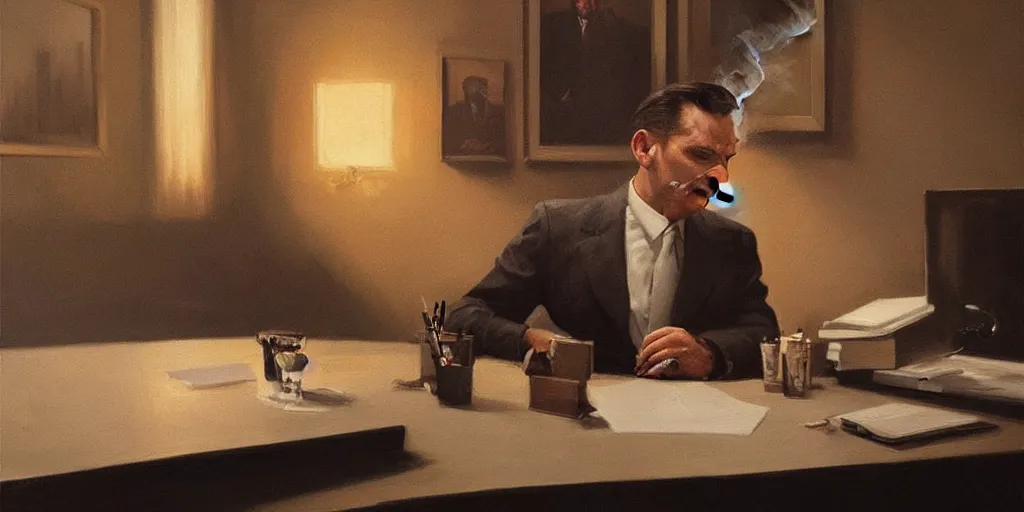 Image similar to beautiful oil matte portrait painting, mafia boss smoking at his 5 0 s new york office desk, wonderful masterpiece highly detailed, beautiful cinematic light deep focus, elegant, digital painting, smooth, sharp focus, golden ratio, dramatic illumination, ultra realistic, 8 k, art by jimmy law